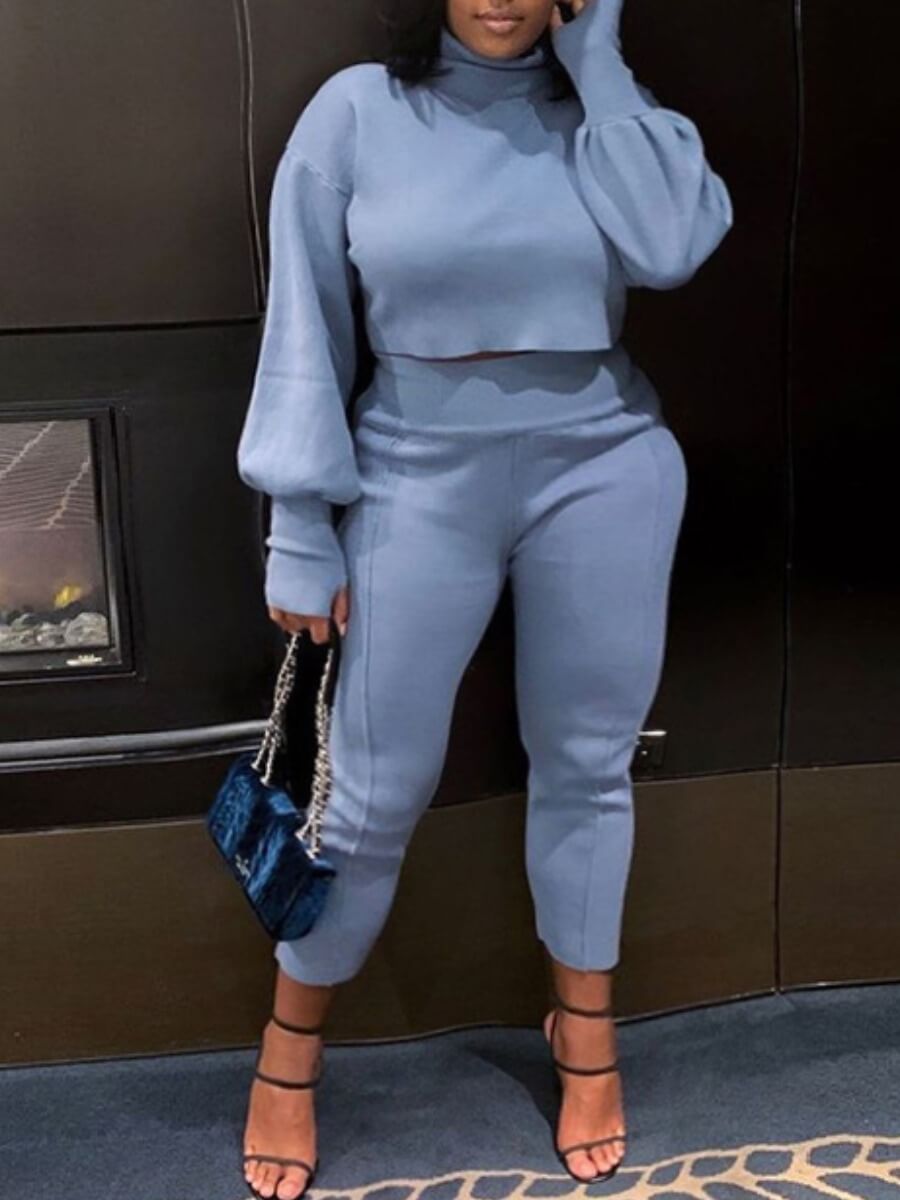 

Lovely Casual Turtleneck Puffed Sleeve Skyblue Two Piece Pants Set
