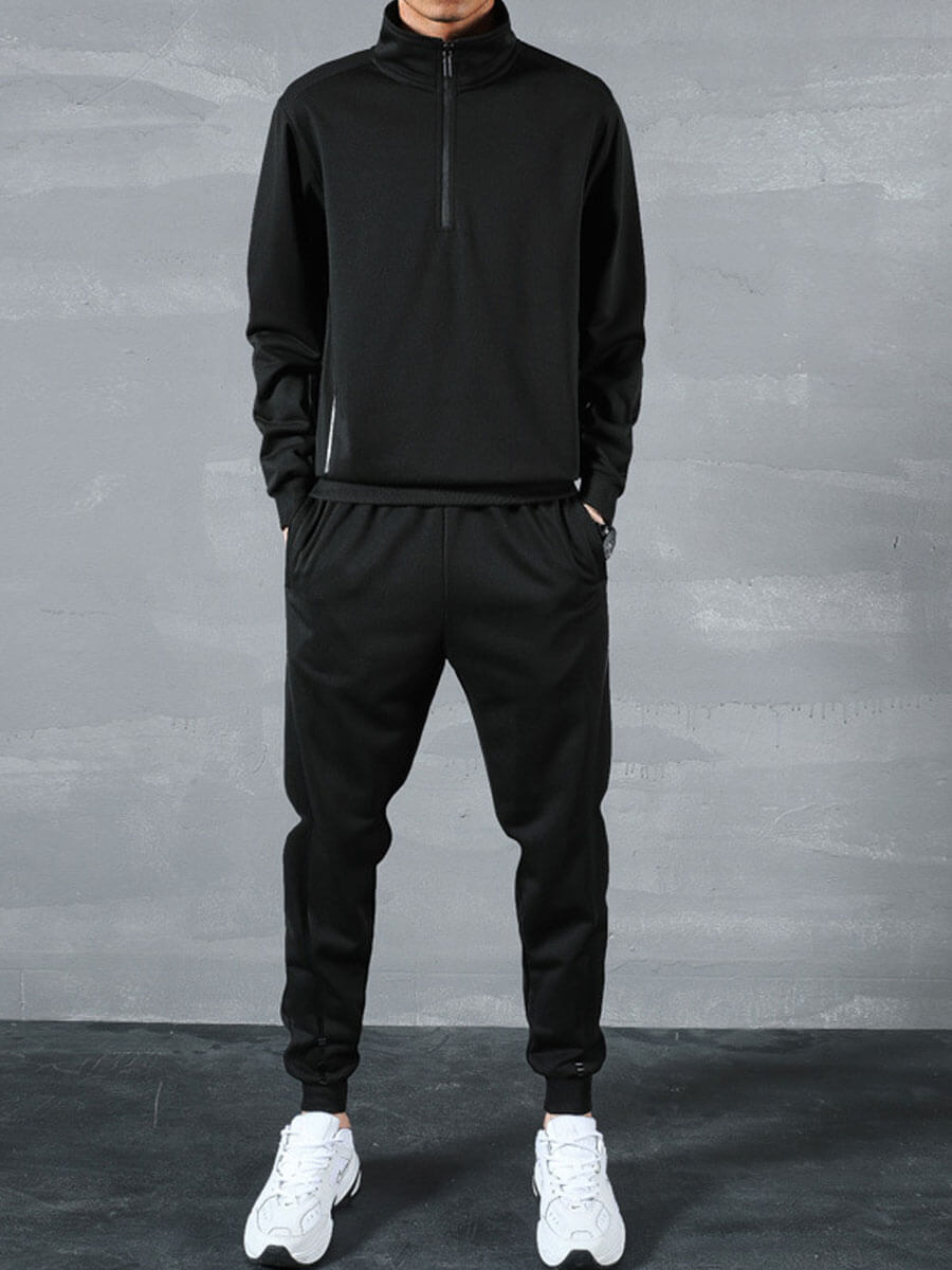 

Lovely Trendy Mandarin Collar Pocket Design Black Men Two Piece Pants Set