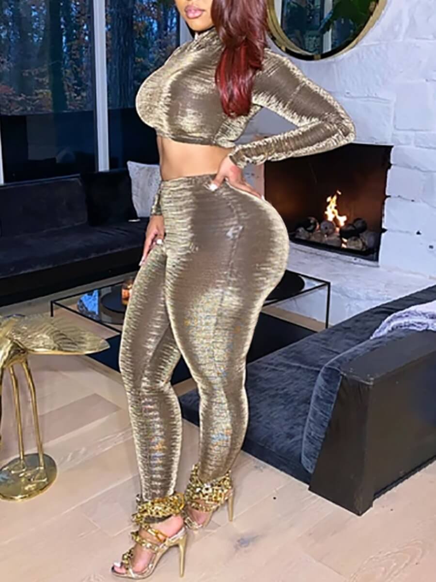 

Lovely Party Turtleneck Crop Top Gold Plus Size Two-piece Pants Set