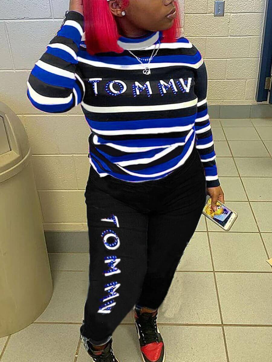 

Lovely Street Striped Letter Print Patchwork Royalblue Two Piece Pants Set
