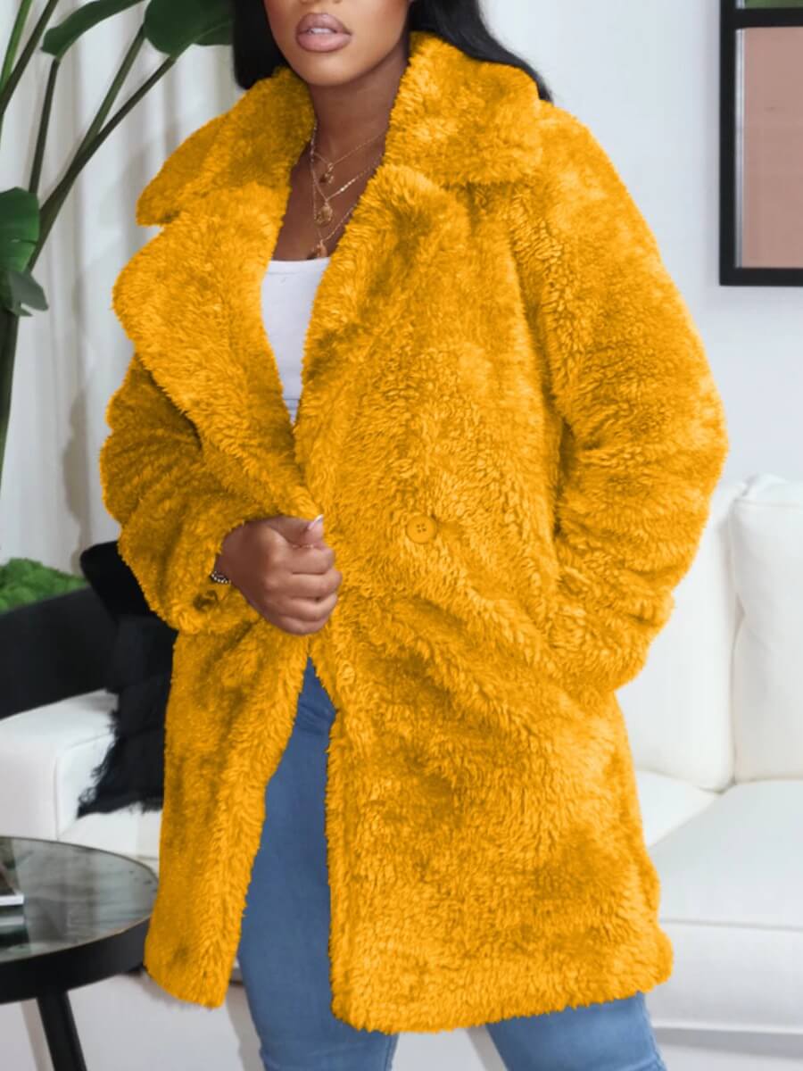 

Lovely Casual Turndown Collar Loose Yellow Faux Fur