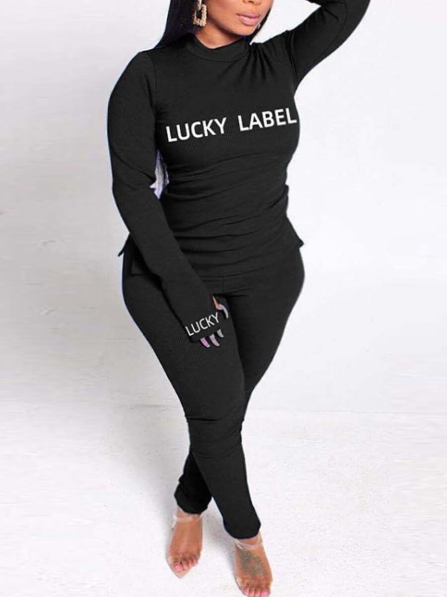 

LW Turtleneck Letter Print Pants Set, Black