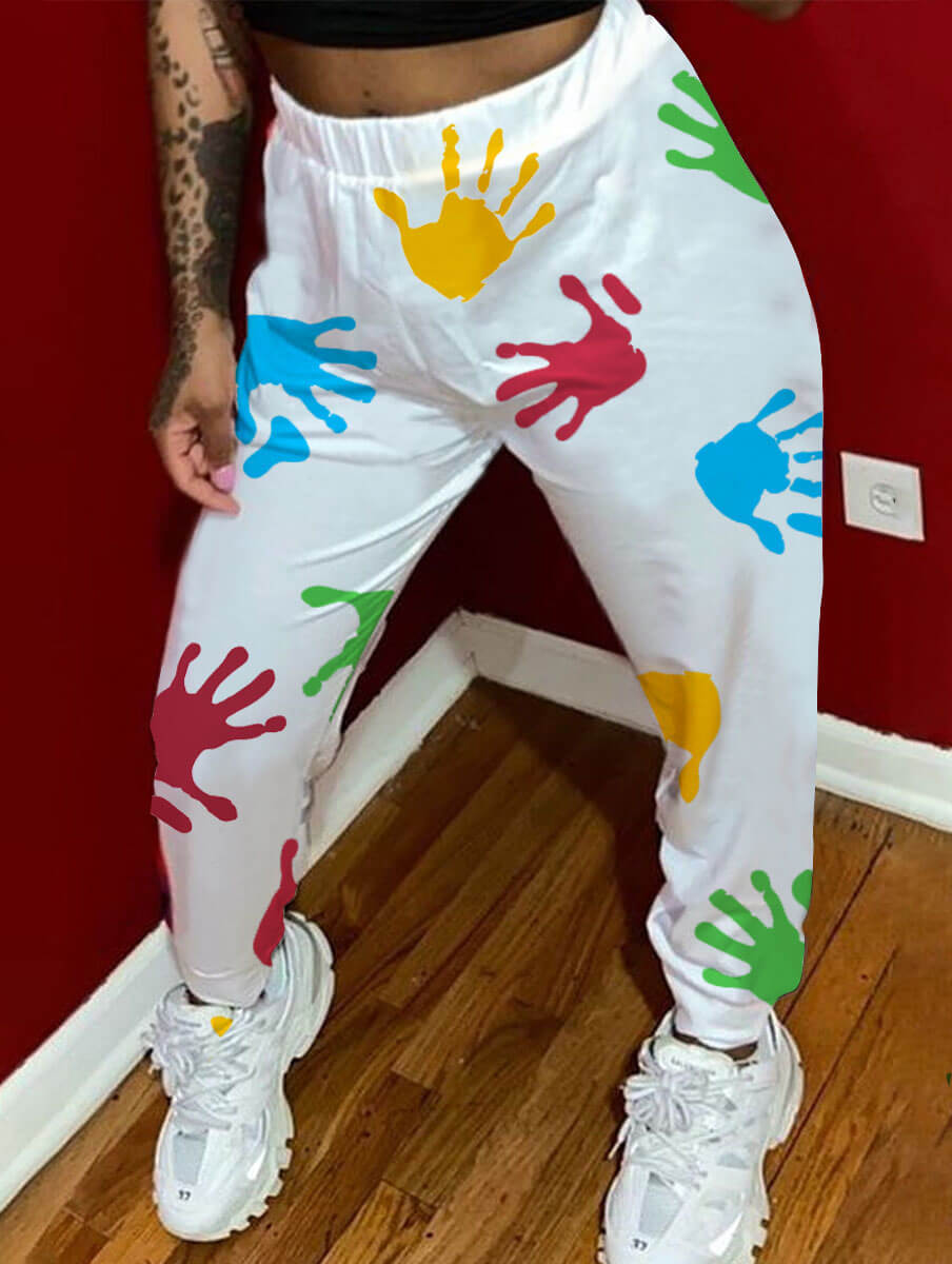 

Lovely Casual Mid Waist Palm Tie-dye White Pants