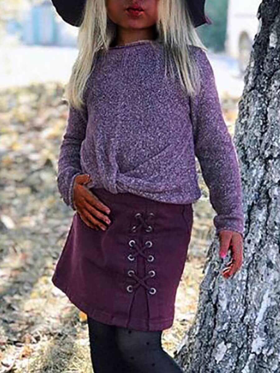 

Lovely Sweet O Neck Bandage Design Purple Girl Two Piece Skirt Set