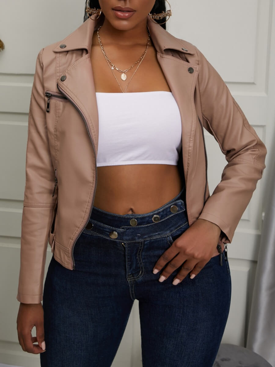 

Lovely Casual Turndown Collar Zipper Design Khaki Leather