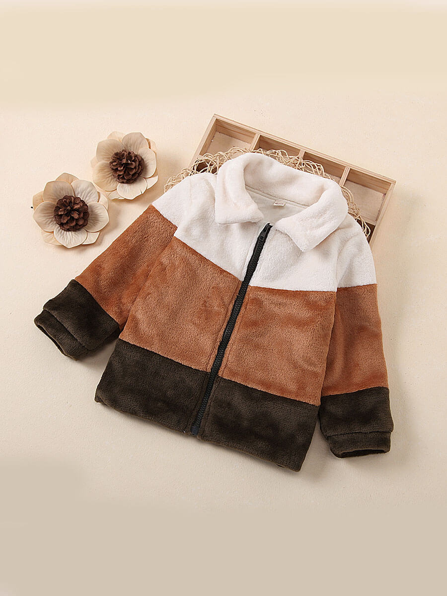 

Lovely Casual Color-lump Patchwork Zipper Design Brown Girl Coat