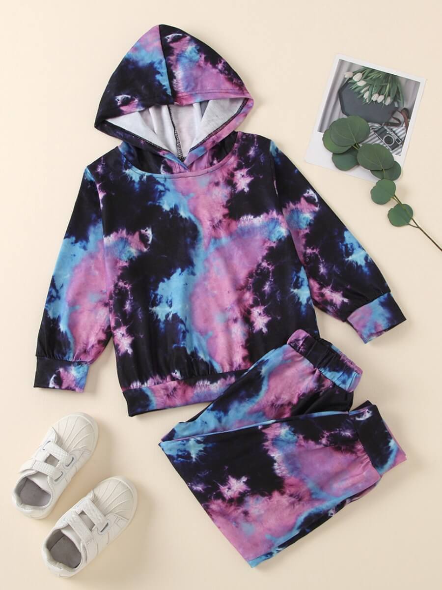 

Lovely Street Hooded Collar Tie Dye Purple Girl Two Piece Pants Set