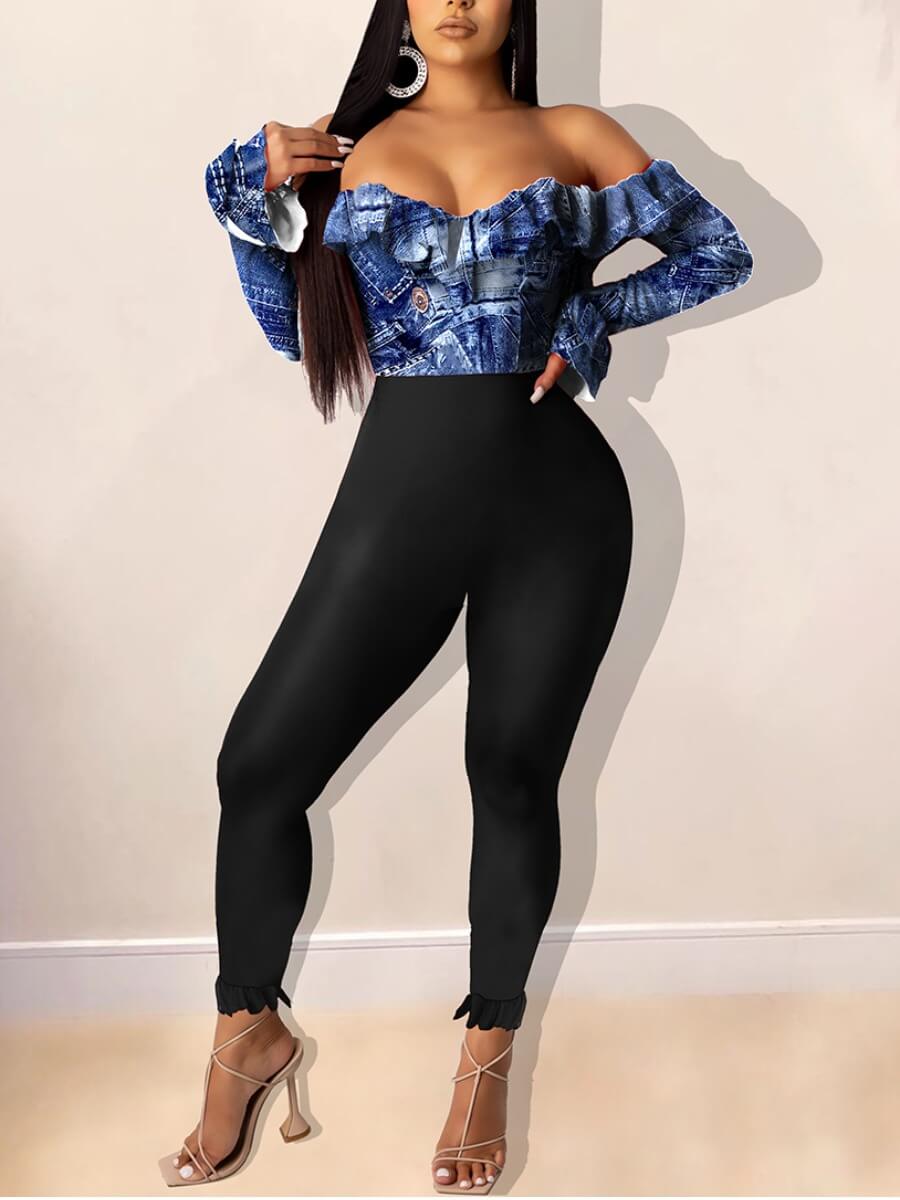 

Lovely Chic Off The Shoulder Flounce Design Patchwork Blue One-piece Jumpsuit