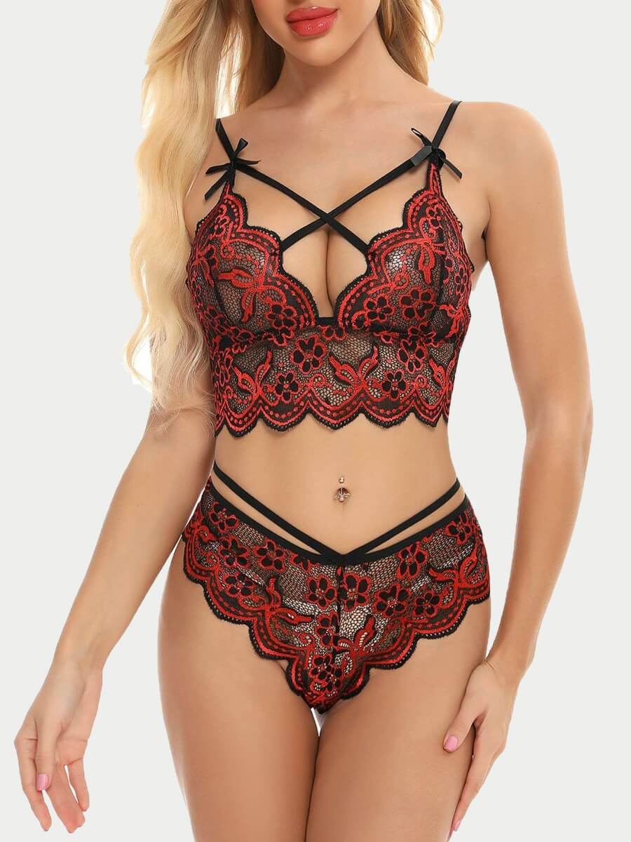 

Lovely Trendy Christmas Day Mesh Patchwork Wine Red Bra Sets