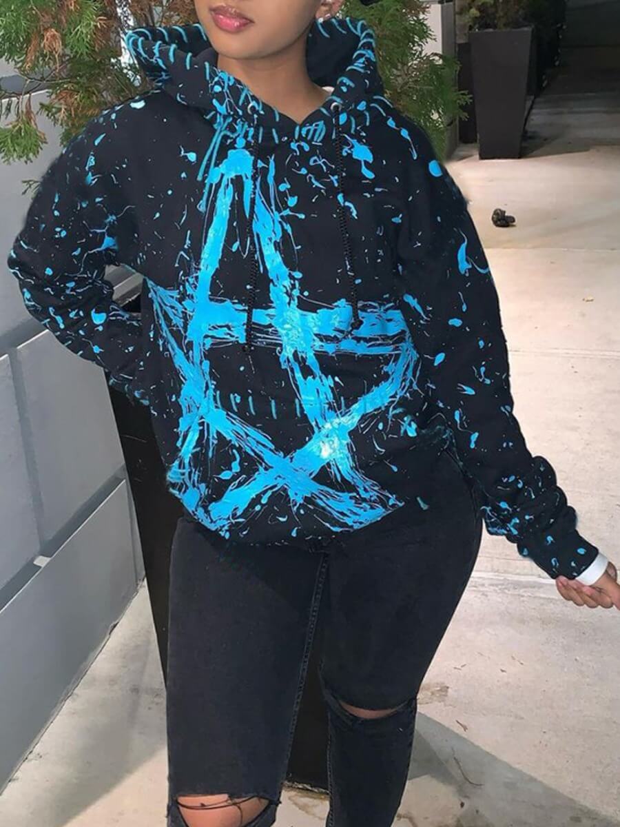 

LW BASICS Casual Hooded Collar Star Print Blue Hoodie