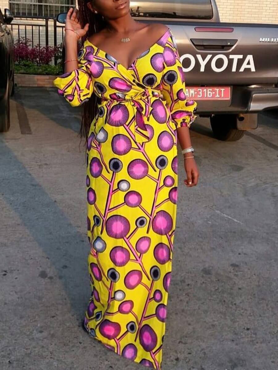 

Lovely Stylish Lace-up Print Patchwork Yellow Floor Length Dress