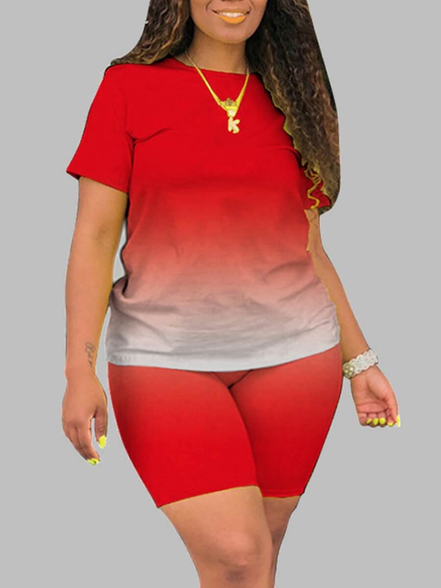 LovelyWholesale Plus Size Trendy O Neck Gradient Red Two-piece Shorts Set Summer Short Sleeve Casual Basic Round Neck  5X Spring Summer 2024