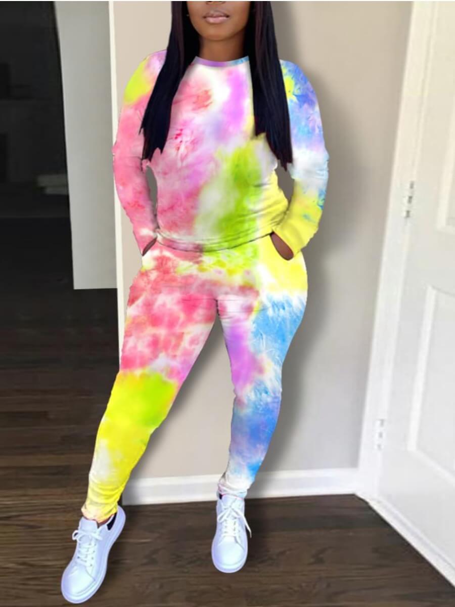 

Lovely Trendy O Neck Tie-dye Multicolor Plus Size Two-piece Pants Set, Multi