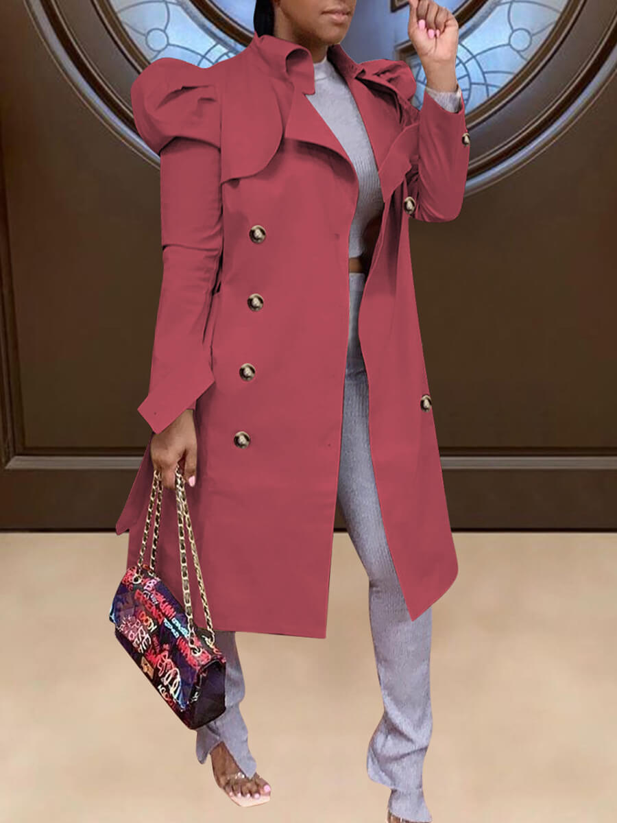 

LW BASICS Trendy Button Design Rose Red Trench Coat