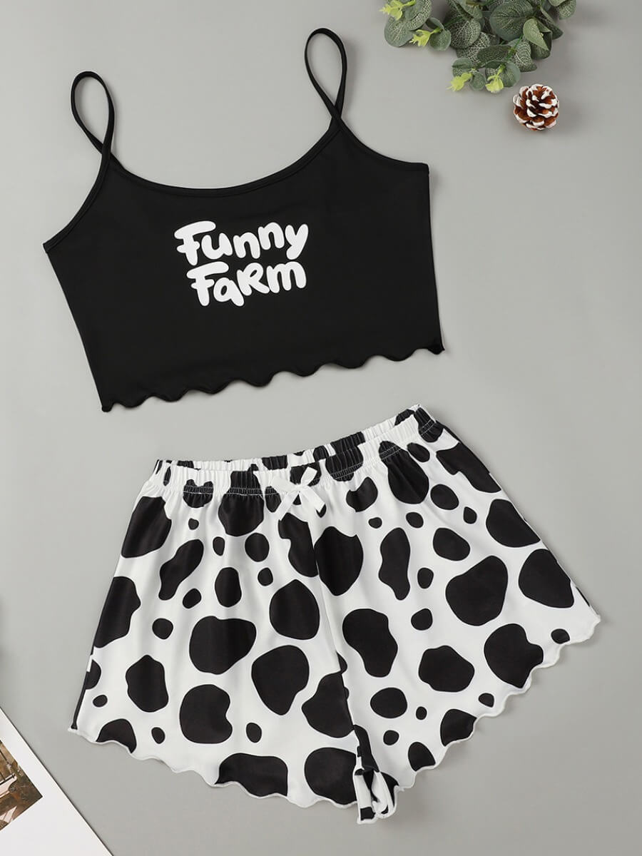 

Lovely Home Style Letter Print Patchwork Black Sleepwear