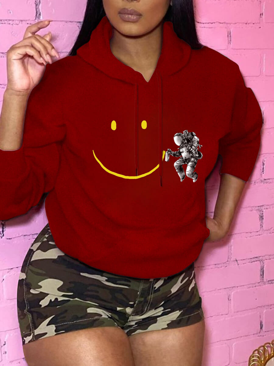

Lovely Casual Smiley Face Print Kangaroo Pocket Wine Red Hoodie