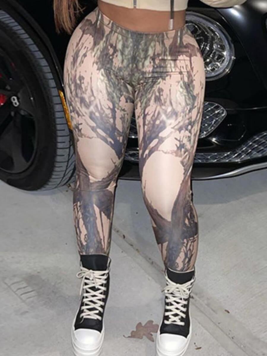 

Lovely Casual Mid Waist Print Patchwork Khaki Pants