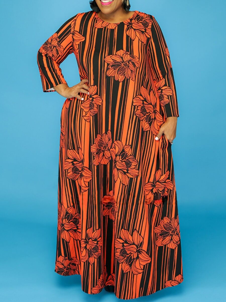 

Lovely Casual Floral Print Patchwork Croci Floor Length A Line Plus Size Dress