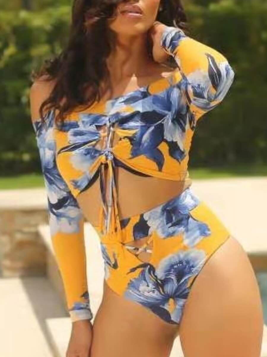 

Lovely Stylish Floral Print Bandage Hollow-out Design Yellow Tankini