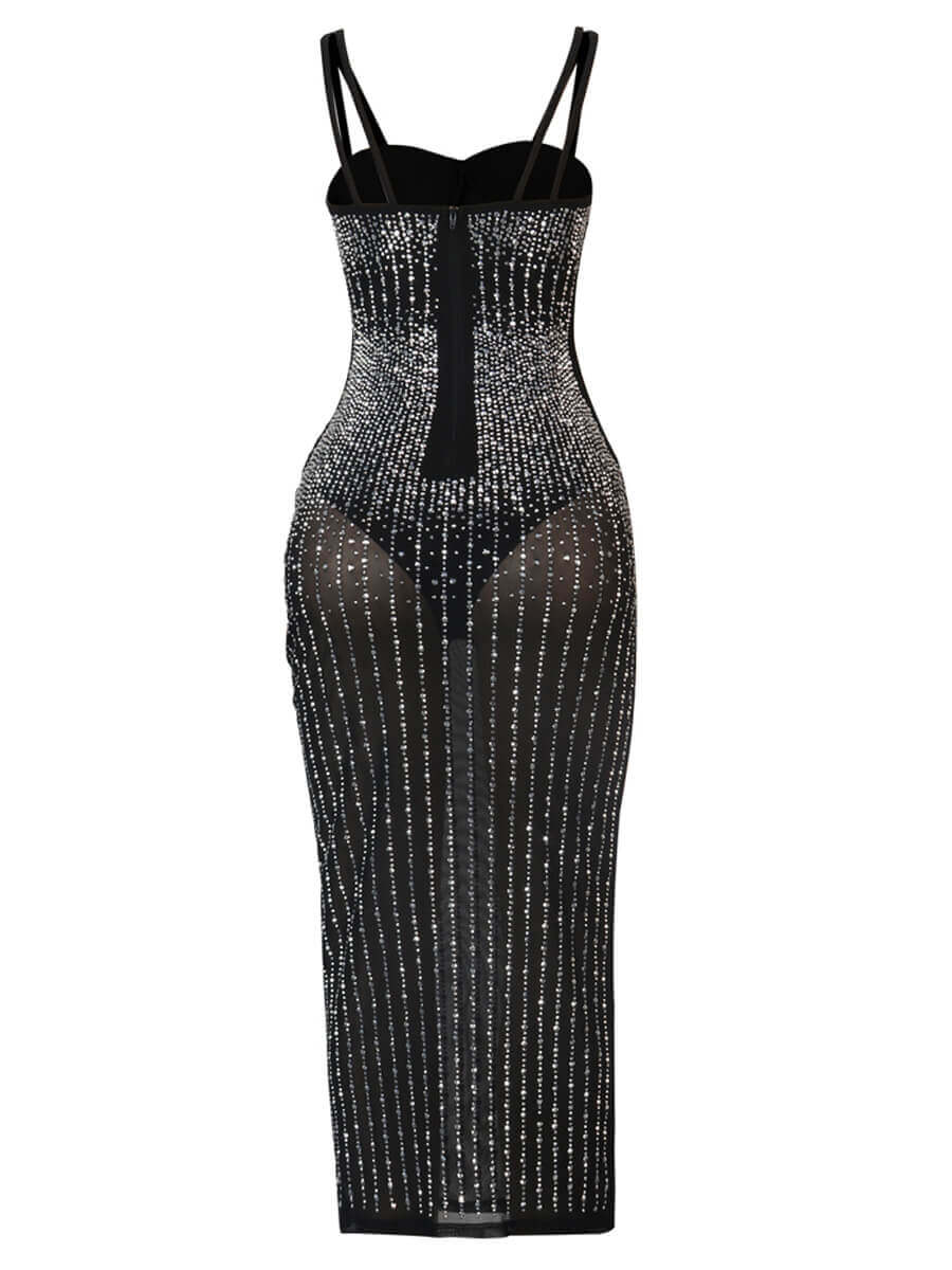 Lovely Sexy Sequined See-through Black Mid Calf Evening Dress