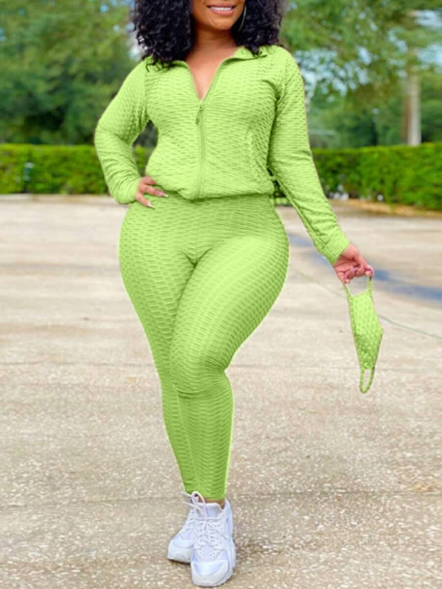 

Lovely Sportswear Turndown Collor Zipper Design Light Green Plus Size Two-piece Pants Set