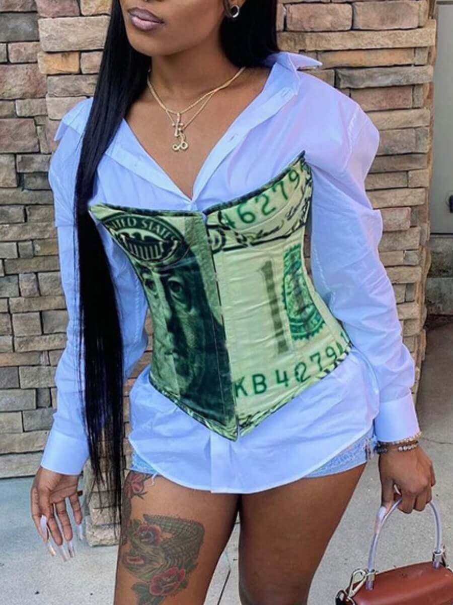 

Lovely Casual Face Letter Print Patchwork Green Bustier(No-positioning Printing