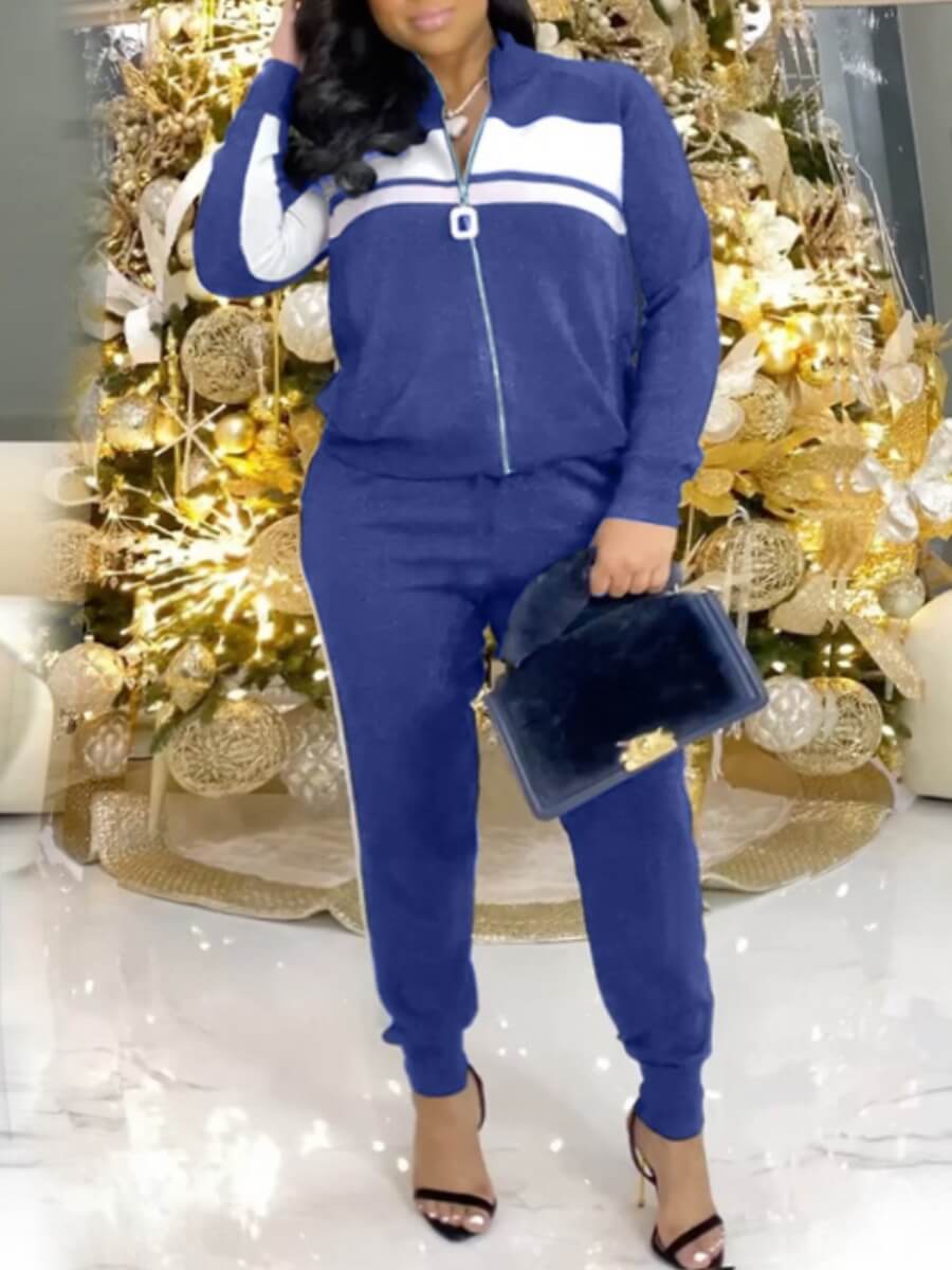 

Lovely Sportswear Striped Patchwork Deep Blue Two Piece Pants Set