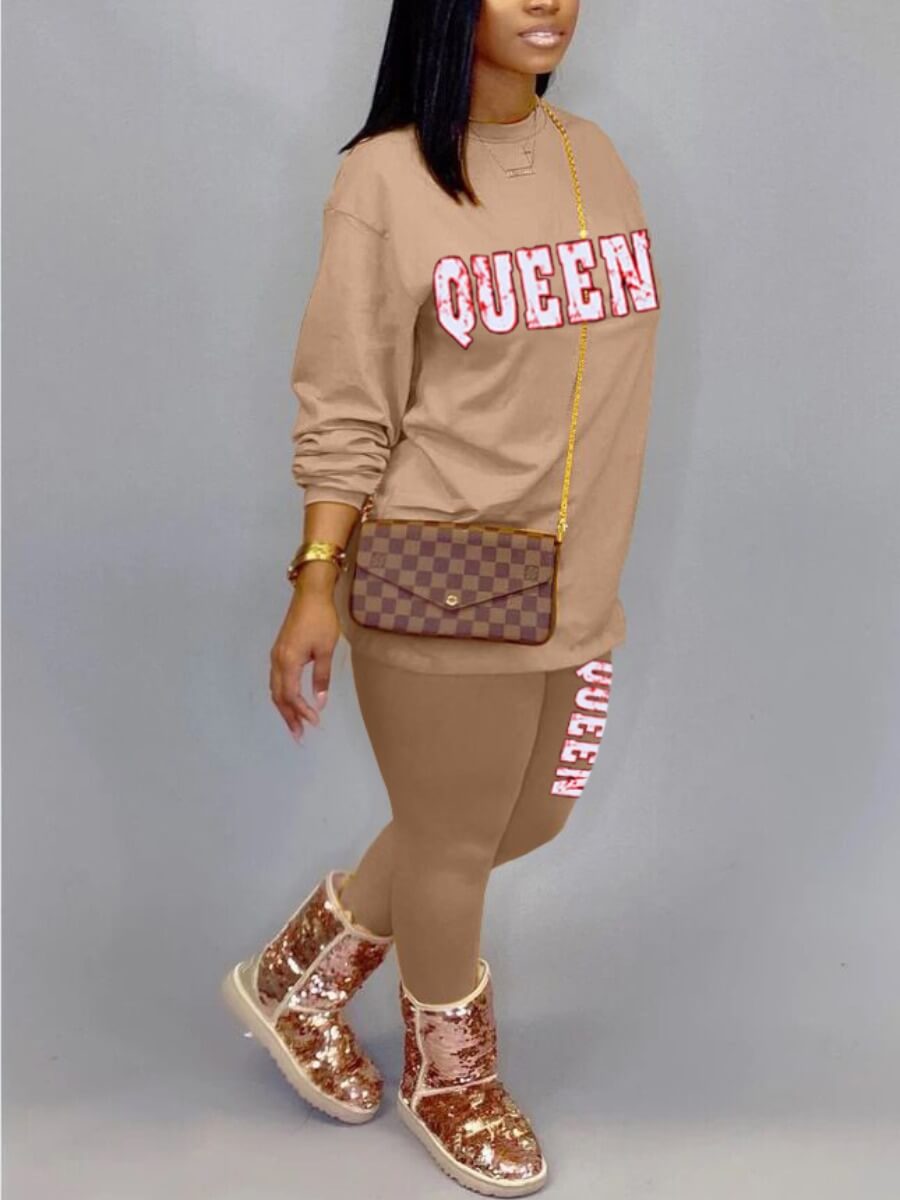 

Lovely Casual O Neck Letter Print Khaki Plus Size Two-piece Pants Set