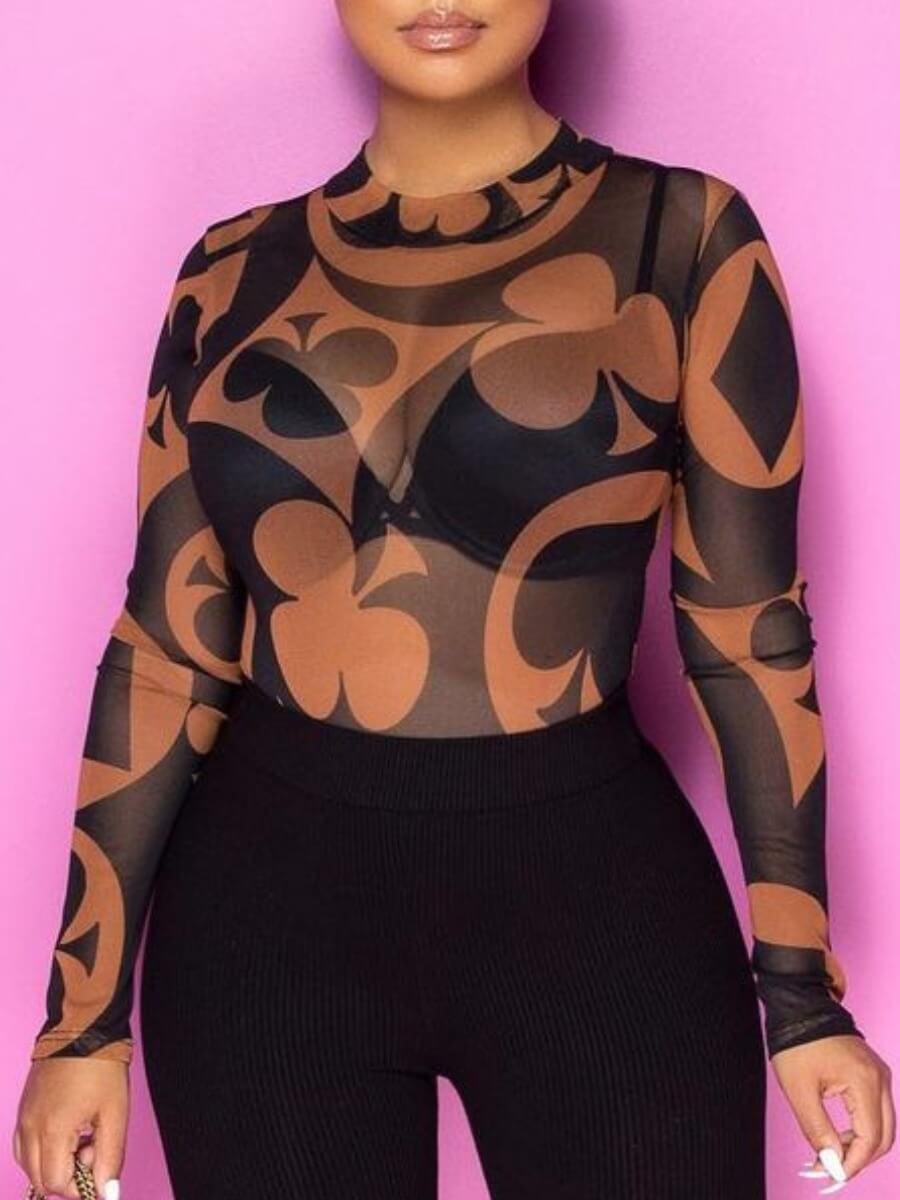 

Lovely Casual Floral Print See-through Coffee Base Layer