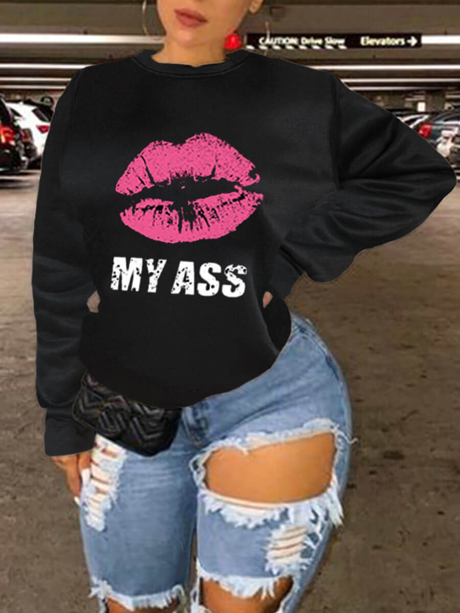 

Lovely Plus Size Street Lip Letter Print Loose Black Hoodie