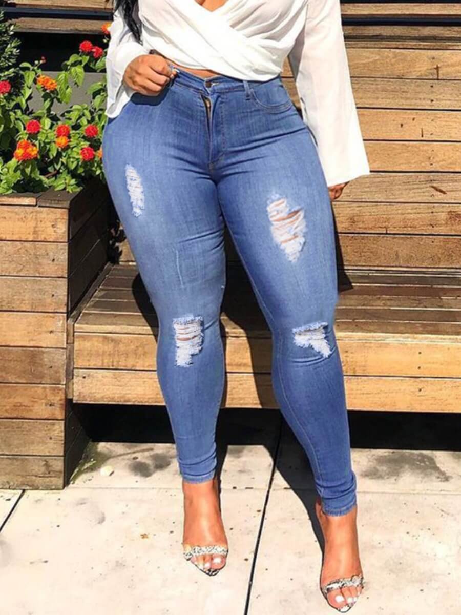 

Lovely Street High-waisted Raw Edge Deep Blue Jeans