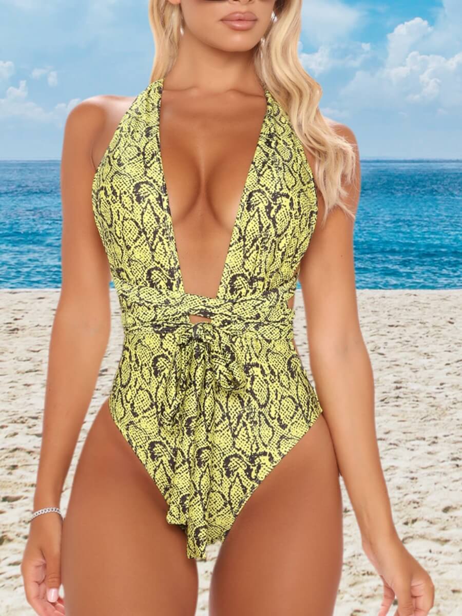 

Lovely Casual Cobra Print Lace-up Yellow One-piece Swimsuit