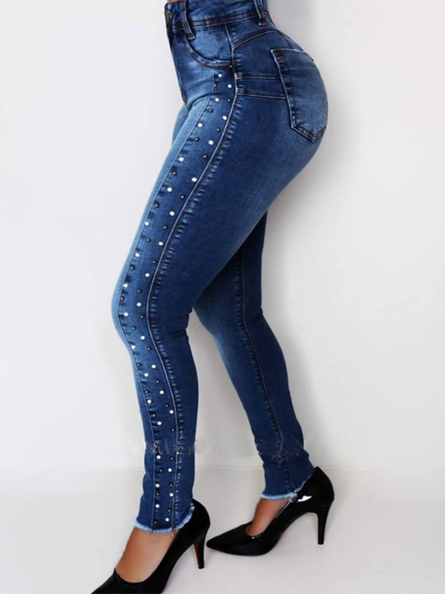 

Lovely Casual High-waisted Rivet Decoration Deep Blue Jeans