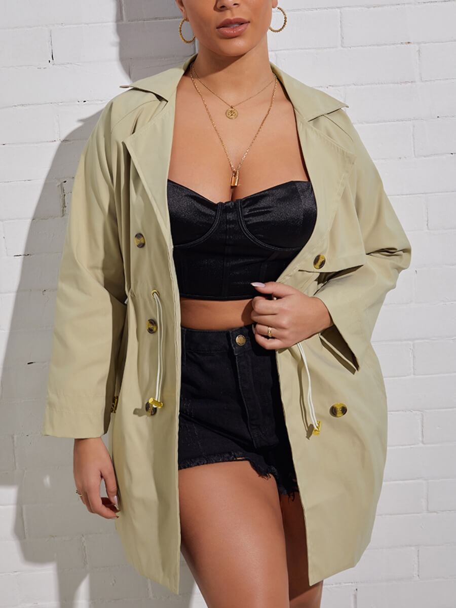 

Lovely Work Turndown Collar Button Design Apricot Trench Coat