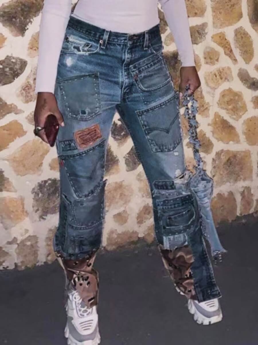 

Lovely Street Mid Waist Print Patchwork Baby Blue Pants
