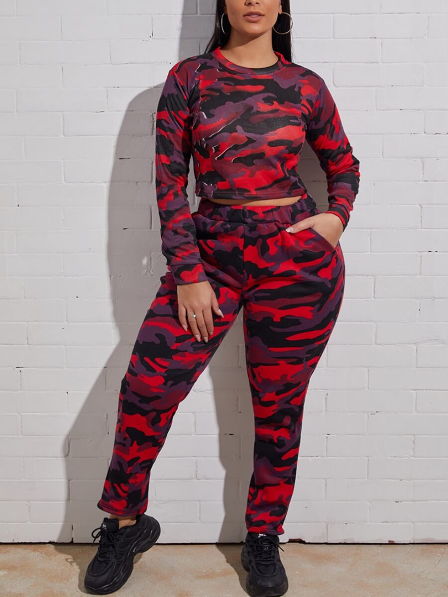 

Lovely Sportswear Camo Print Red Two Piece Pants Set, Red camouflage