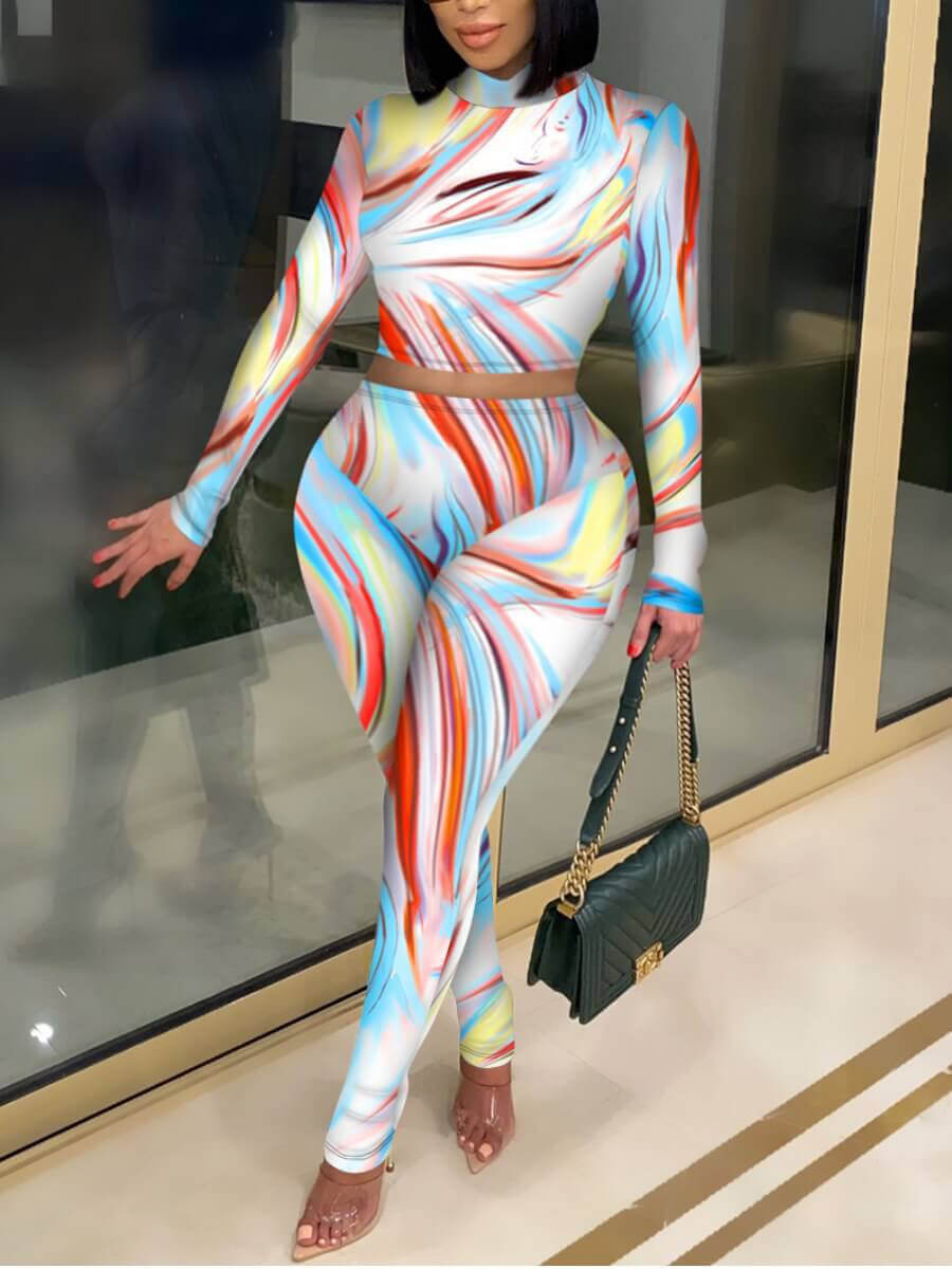 

Lovely Casual Half A Turtleneck Print Multicolor Plus Size Two-piece Pants Set, Multi