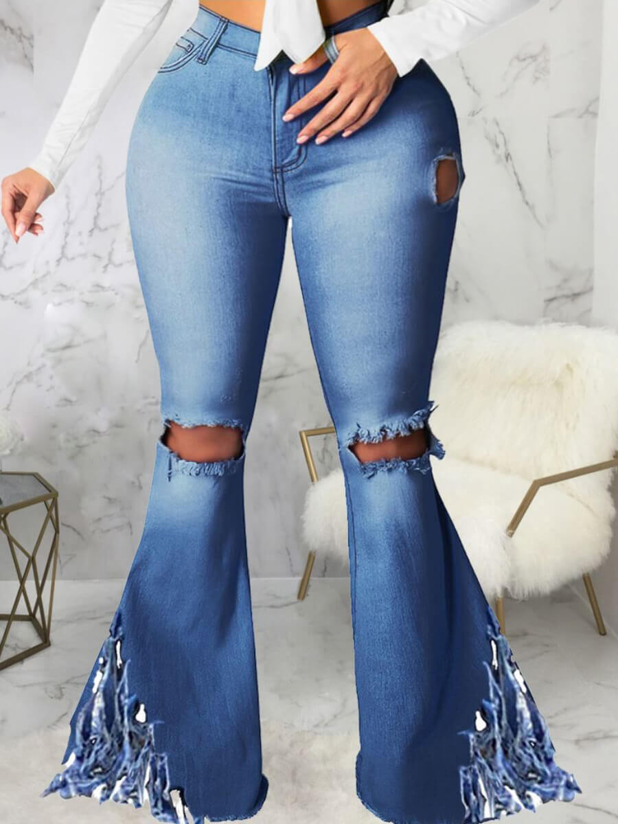 

Lovely Street Flared Broken Holes Tassel Design Deep Blue Jeans