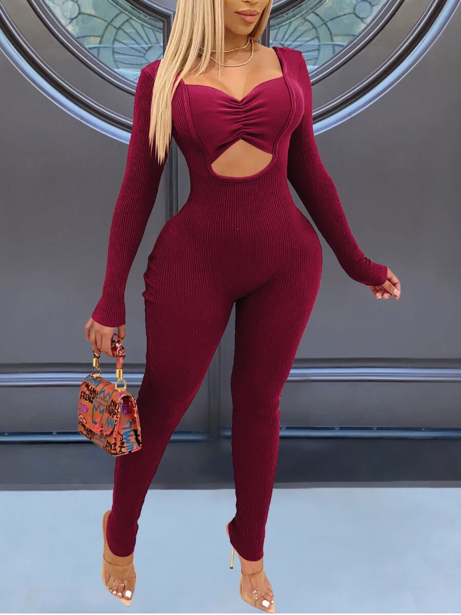 

Lovely Sexy Square Collar Fold Design Wine Red One-piece Jumpsuit