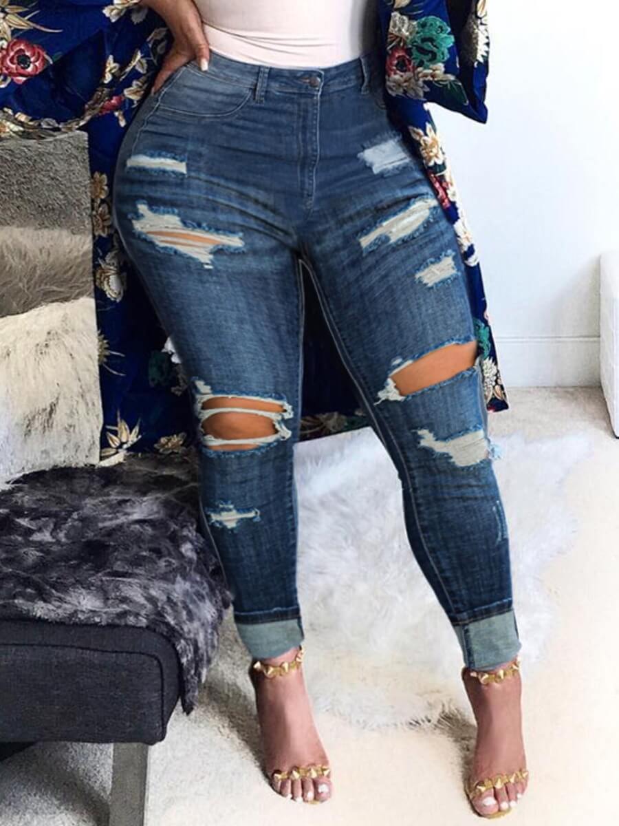 

Lovely Street High-waisted Broken Holes Deep Blue Jeans