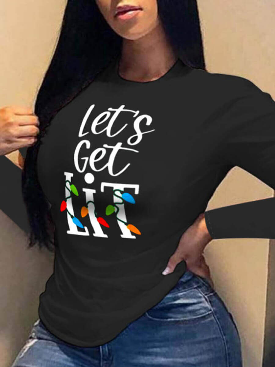 

Lovely Casual O Neck Letter Print Black Plus Size T-shirt