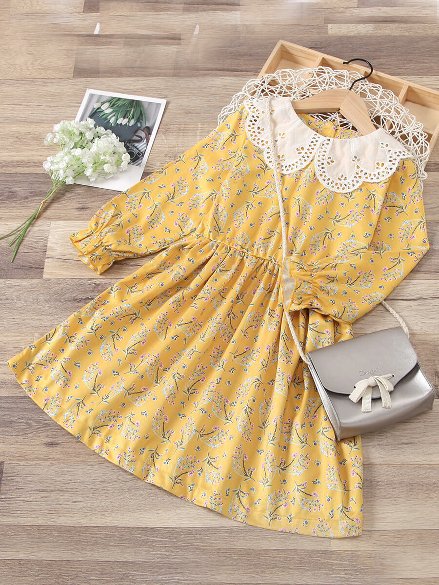 

Lovely Sweet Floral Print Flap Over Yellow Knee Length Girl Dress