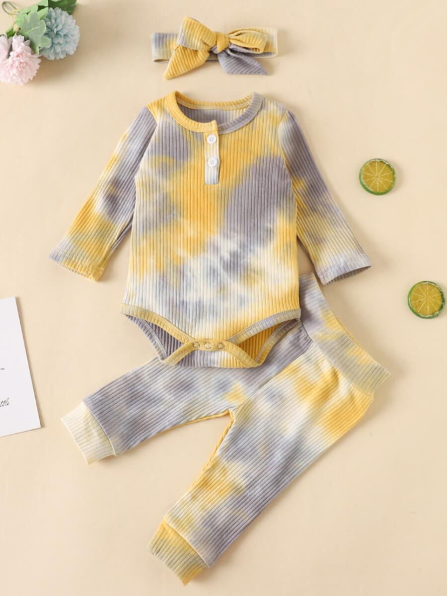 

Lovely Casual O Neck Tie Dye Yellow Girl Two Piece Pants Set