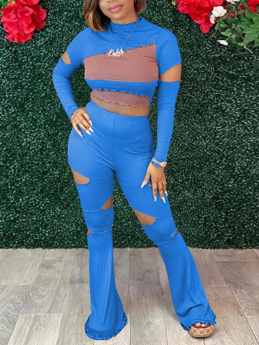 

Lovely Street Flared Ripped Patchwork Blue Two Piece Pants Set