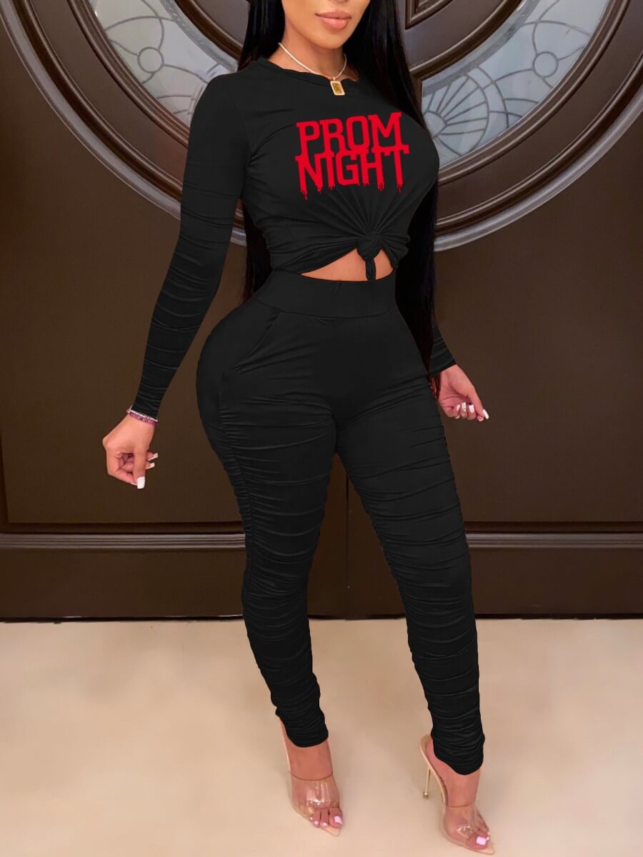 

Lovely Casual O Neck Letter Print Black Two Piece Pants Set