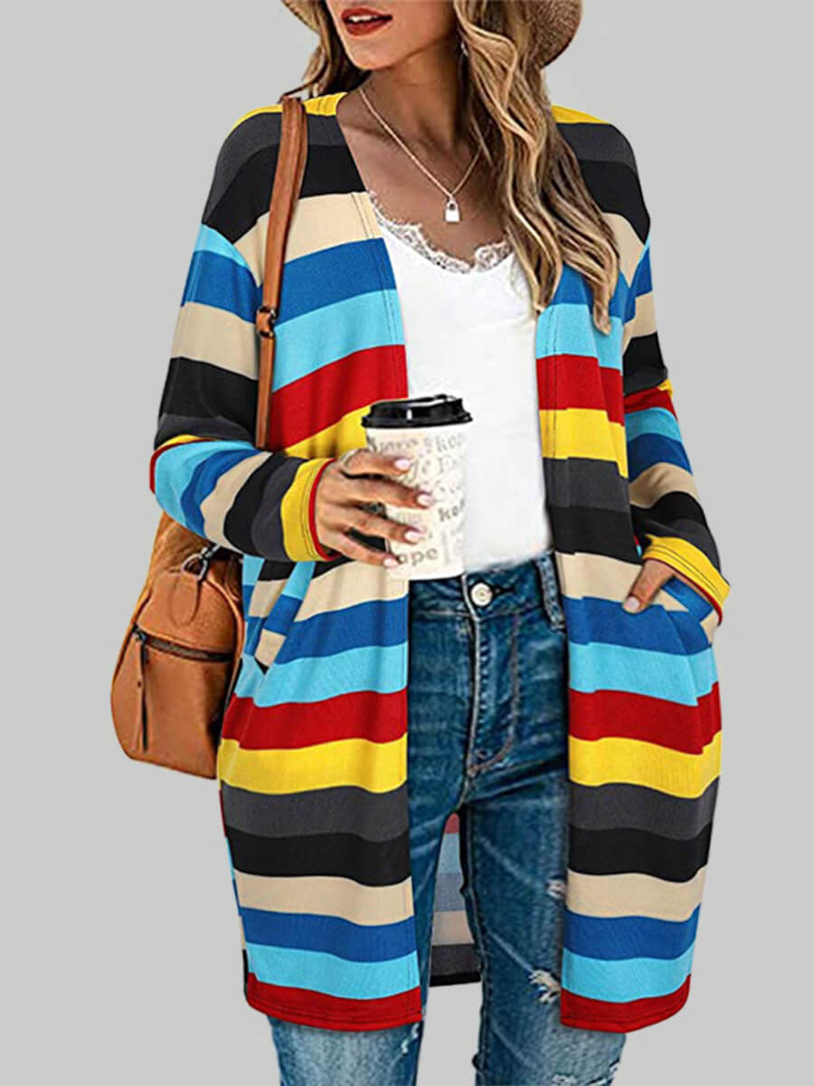 

Lovely Casual Striped Pocket Design Blue Plus Size Coat
