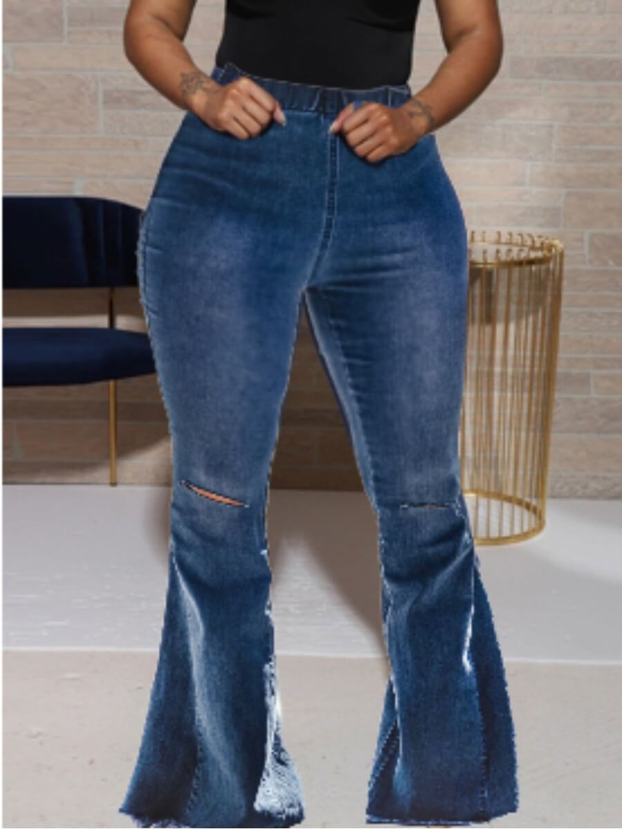 Lovely Street Broken Holes Flared Blue Jeans