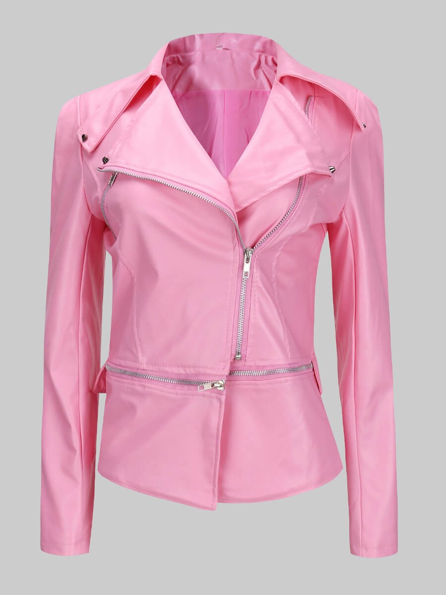 

Lovely Trendy Turndown Collar Zipper Design Pink Leather
