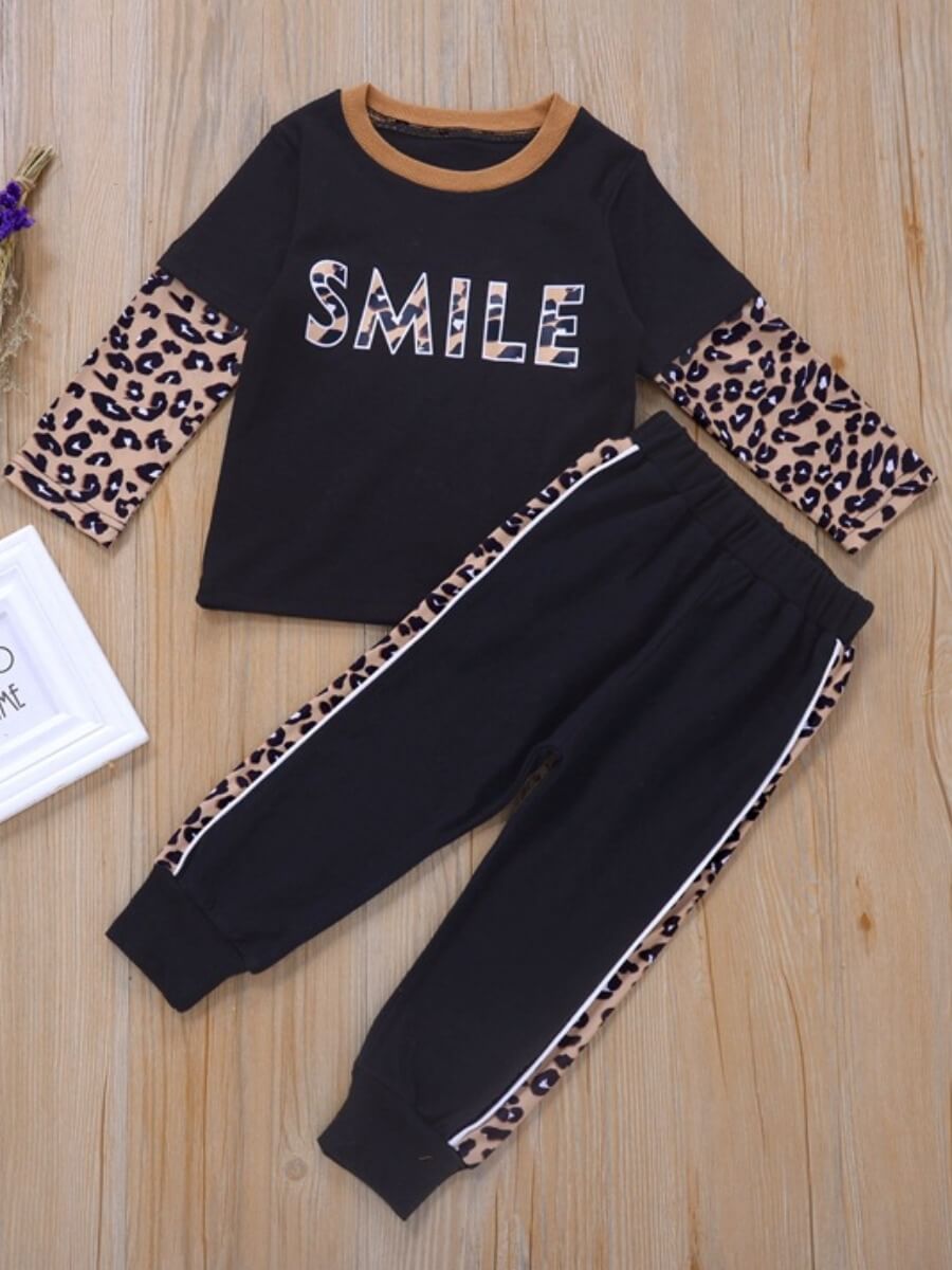 

Lovely Trendy Letter Leopard Print Patchwork Black Boy Two Piece Pants Set