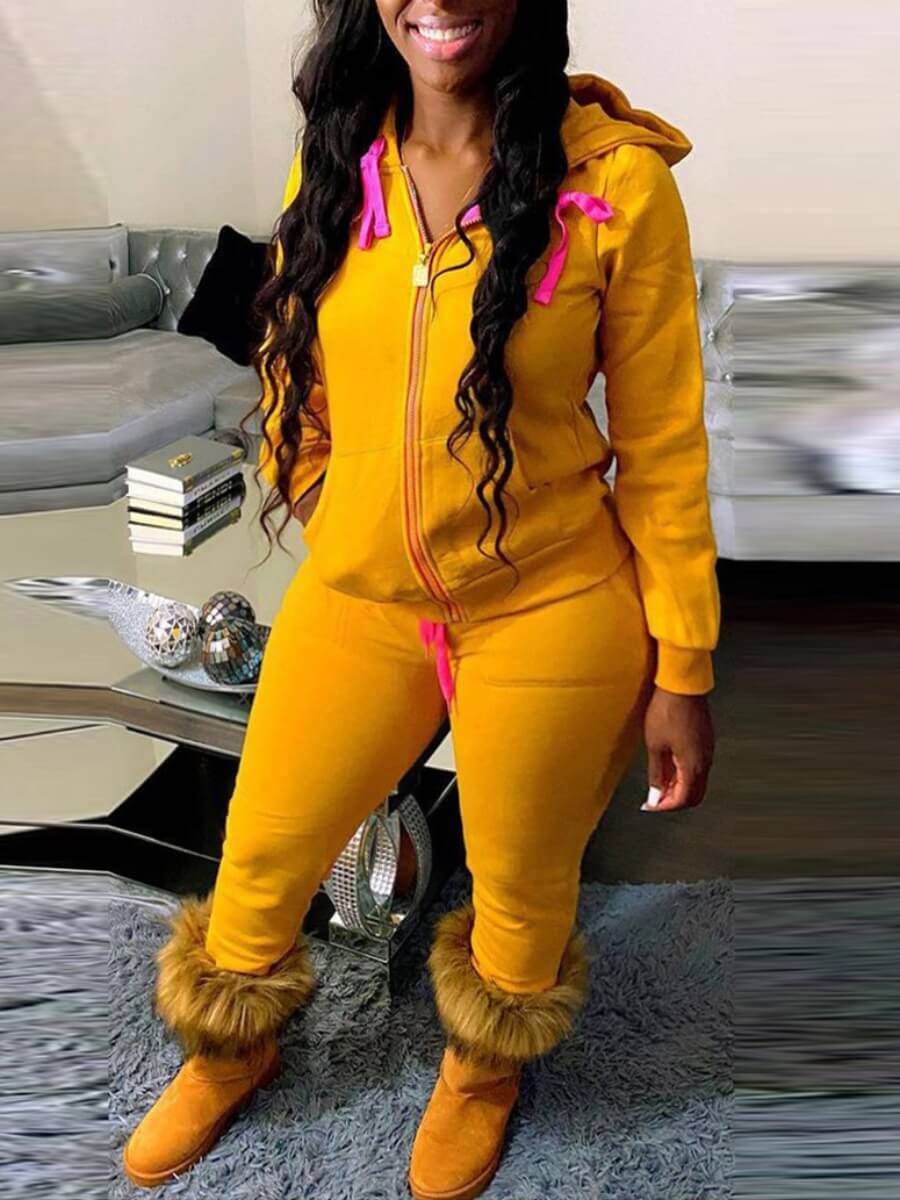 

Lovely Sportswear Drawstring Kangaroo Pocket Yellow Plus Size Two-piece Pants Set